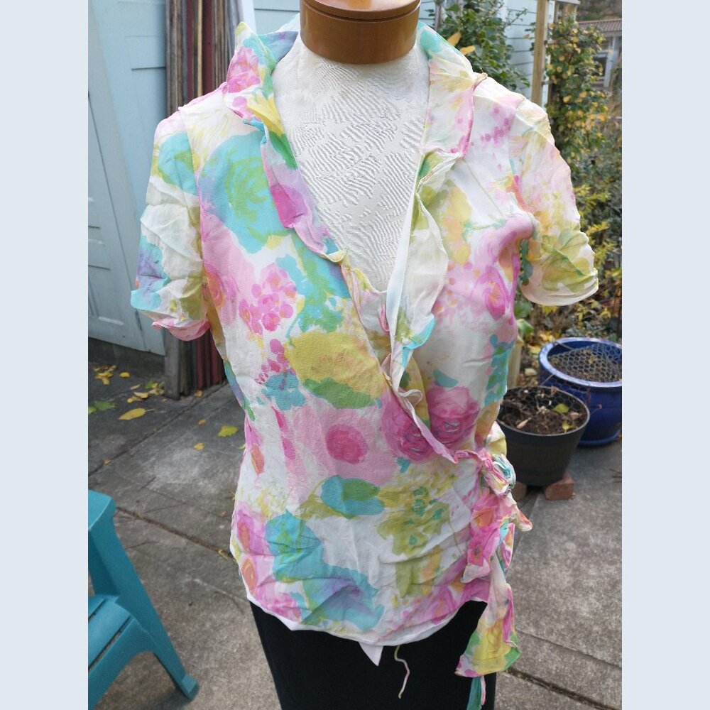 Blouse: Silk, short sleeve floral wrap. Size 8 - by Dana Buchman.